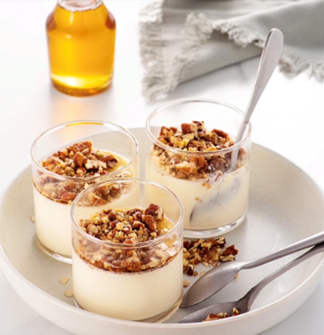 Fresh Water Chestnut Panna Cotta with Pecan Nut and Honeycomb featuring GreenKarmas Acacia Honey