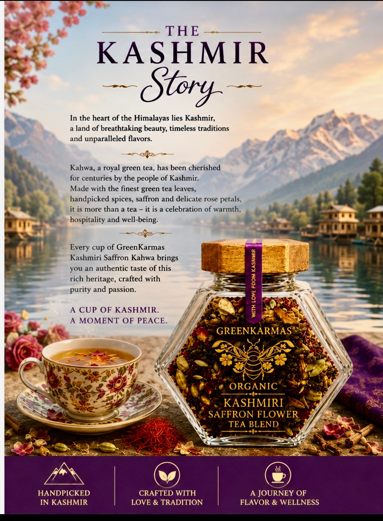 Promotional product graphic for GreenKarma's Kashmiri Saffron Flower Tea Blend. The image features a glass bottle with a wooden lid containing golden saffron flowers, a cup of tea, and a scenic background of Kashmiri mountains and a lake under a warm sunset sky.