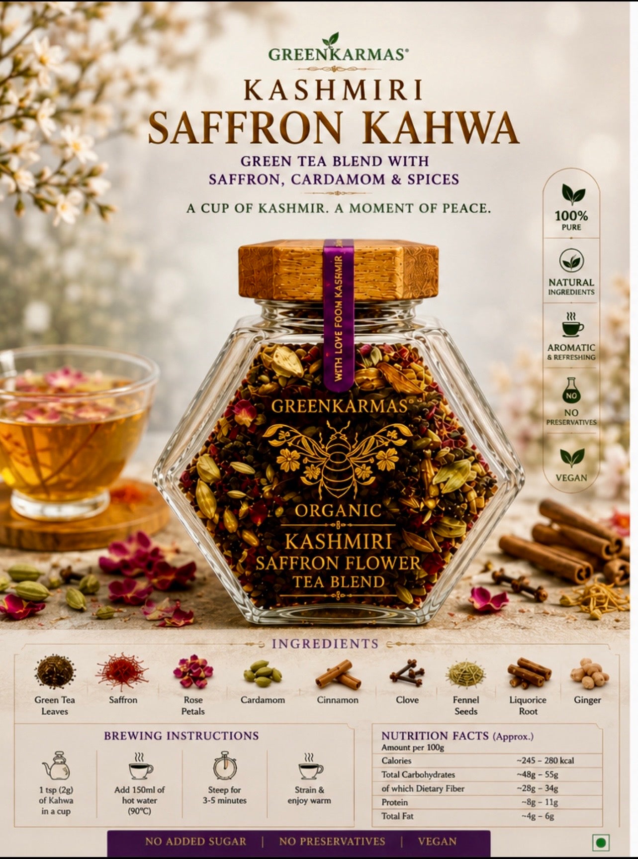 Greenkarmas Kashmiri Saffron Kahwa organic green tea blend in a hexagonal glass jar with a wooden lid, shown on a styled background with tea, spices, and ingredients listed below.