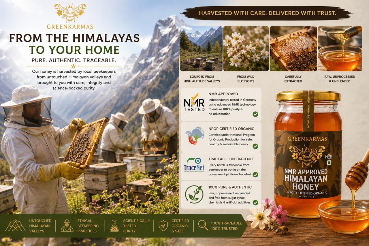 A promotional graphic for Greenkaramas Himalayan Honey, featuring a large jar of honey on the right, text callouts, and a lifestyle scene on the left showing a beekeeper harvesting honey from a beehive in a mountainous outdoor setting.