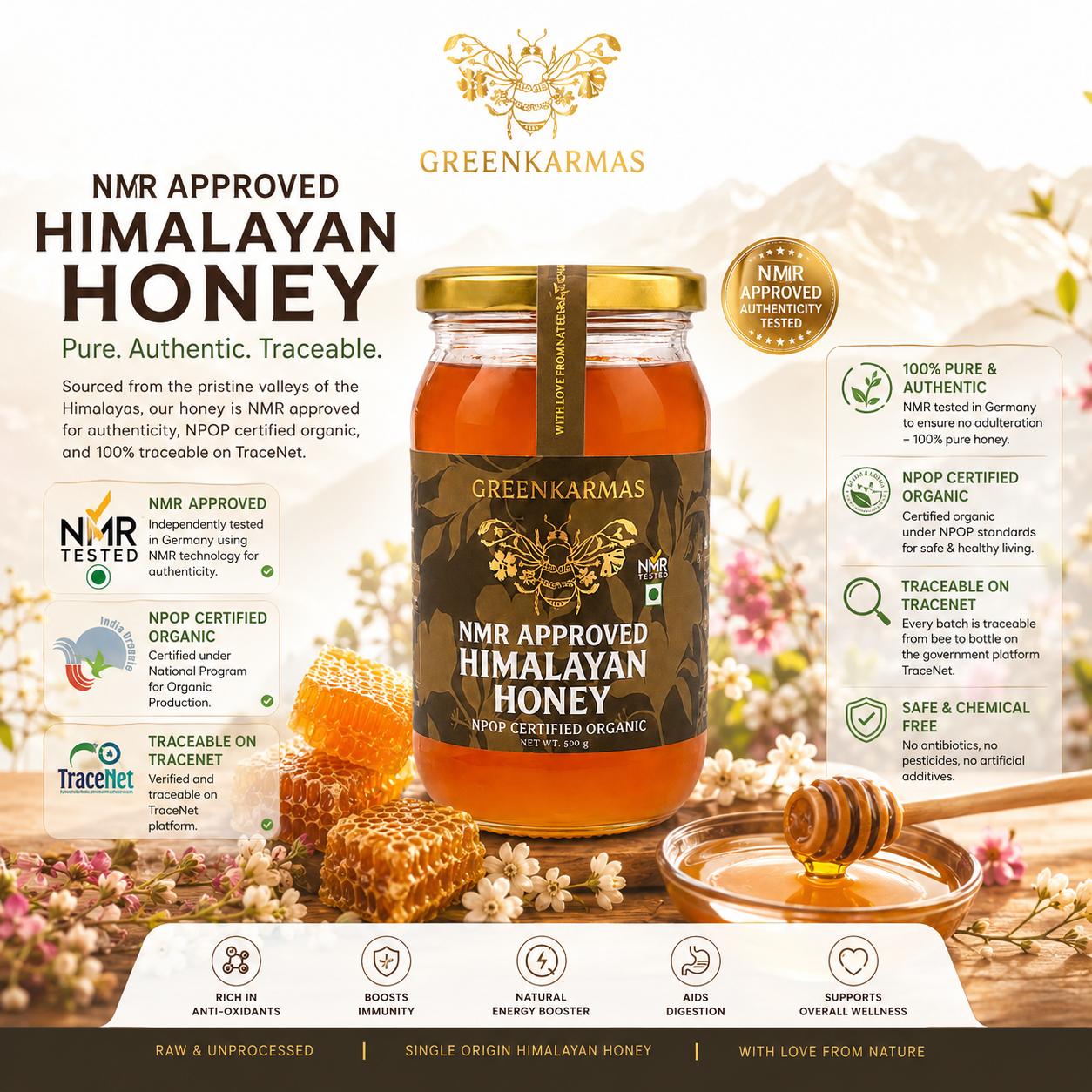 Two glass jars of Greenkarmas NMR Approved Himalayan Honey arranged on a white background with honeycomb, a honey dipper, and small white flowers. The image includes large product claims, certification badges, and a gold seal.