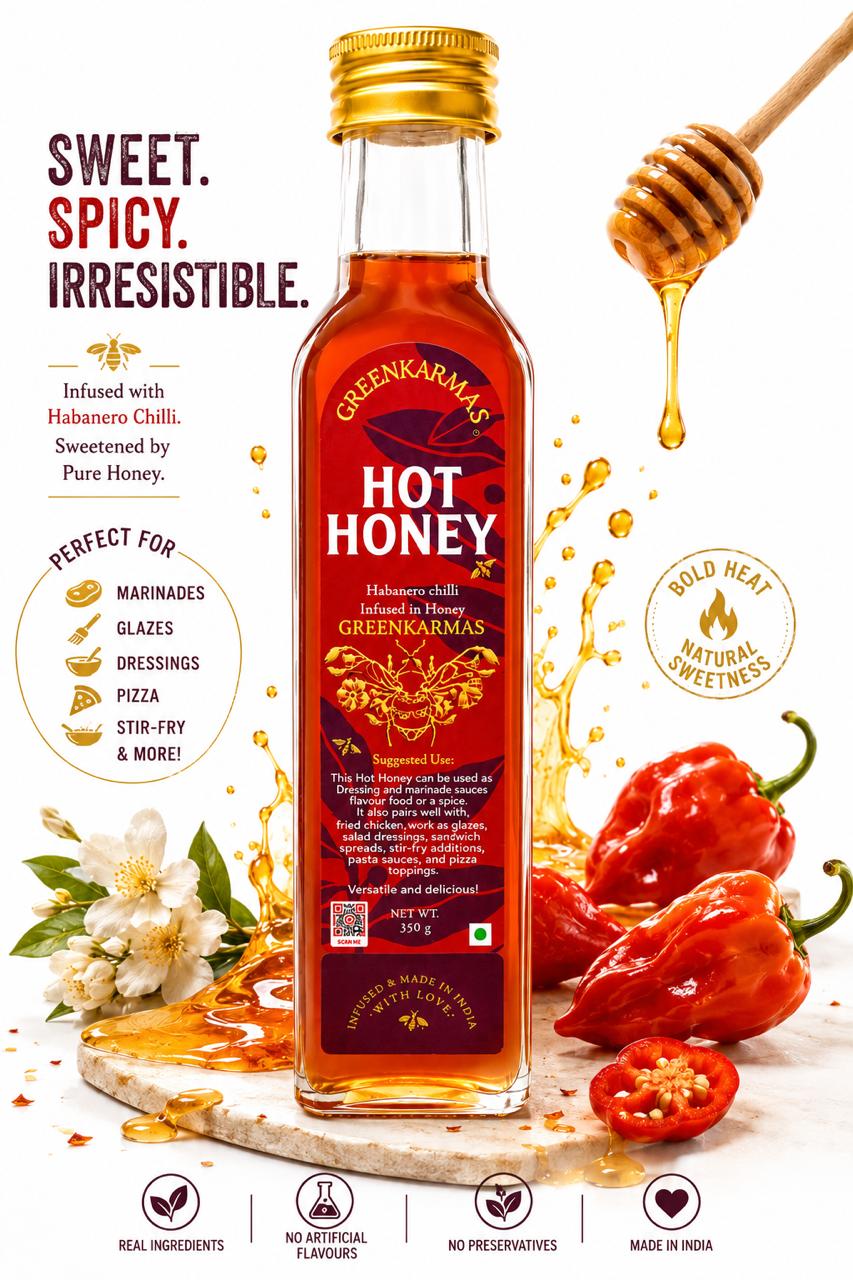 A bottle of Greenkarmas Hot Honey hot sauce centered on a white background, surrounded by ingredients and flavor cues including red chili peppers, a honey dipper with dripping honey, and text describing the product as sweet, spicy, and irresistible.