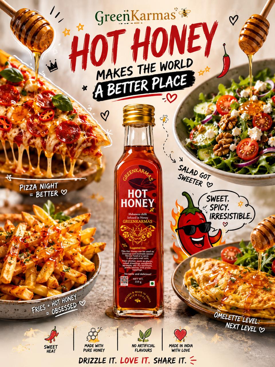 A promotional product graphic for GreenKarma's Hot Honey syrup. The amber glass bottle with a gold cap is centered, surrounded by food dishes like pizza, pasta, fries, and salad, with honey dripping from wooden hives and bold marketing text.
