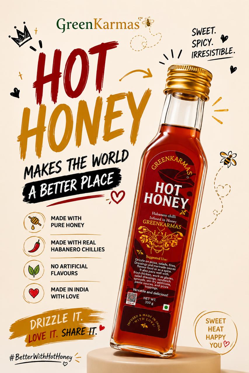 A bottle of GreenKarmas Hot Honey chili-infused honey displayed on a pedestal against a cream-colored background with promotional text and illustrations.
