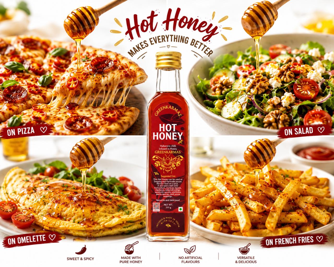 A bottle of Sreenaray Hot Honey mustard oil centered in a promotional collage, surrounded by food examples including pizza, salad, omelette, and french fries with honey dripping from wooden spoons. Text reads 'Hot Honey makes everything better' and labels say 'On Pizza,' 'On Salad,' 'On Omelette,' and 'On French Fries.