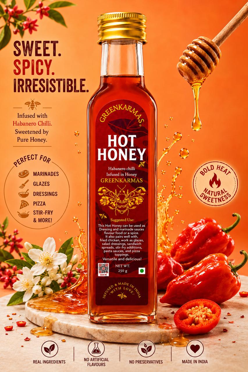A bottle of Greenkarmas Hot Honey infused with habanero chili and pure honey, set against a vibrant orange background with red chili peppers, a honey dipper, and text highlighting its spicy and sweet profile.