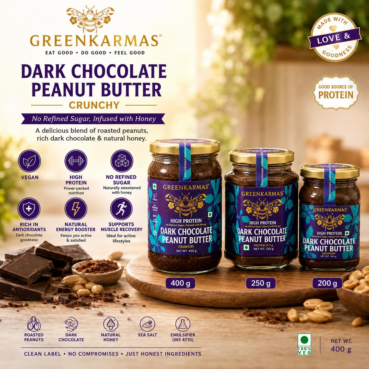 Three jars of Greenkarmas Dark Chocolate Peanut Butter in Crunchy flavor, shown in 400g, 250g, and 200g sizes on a wooden board with peanuts and chocolate pieces, set against a warm, blurred background.