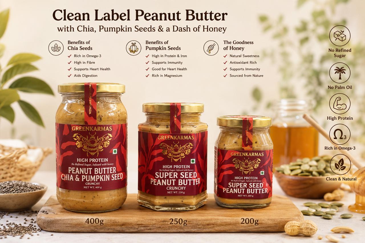 Three jars of Greenmarkas peanut butter arranged on a wooden board with ingredient props and infographic text on a warm beige background. The products shown are Peanut Butter Chia & Pumpkin Seed (400g), Peanut Butter (250g), and Super Seed Peanut Butter (200g).