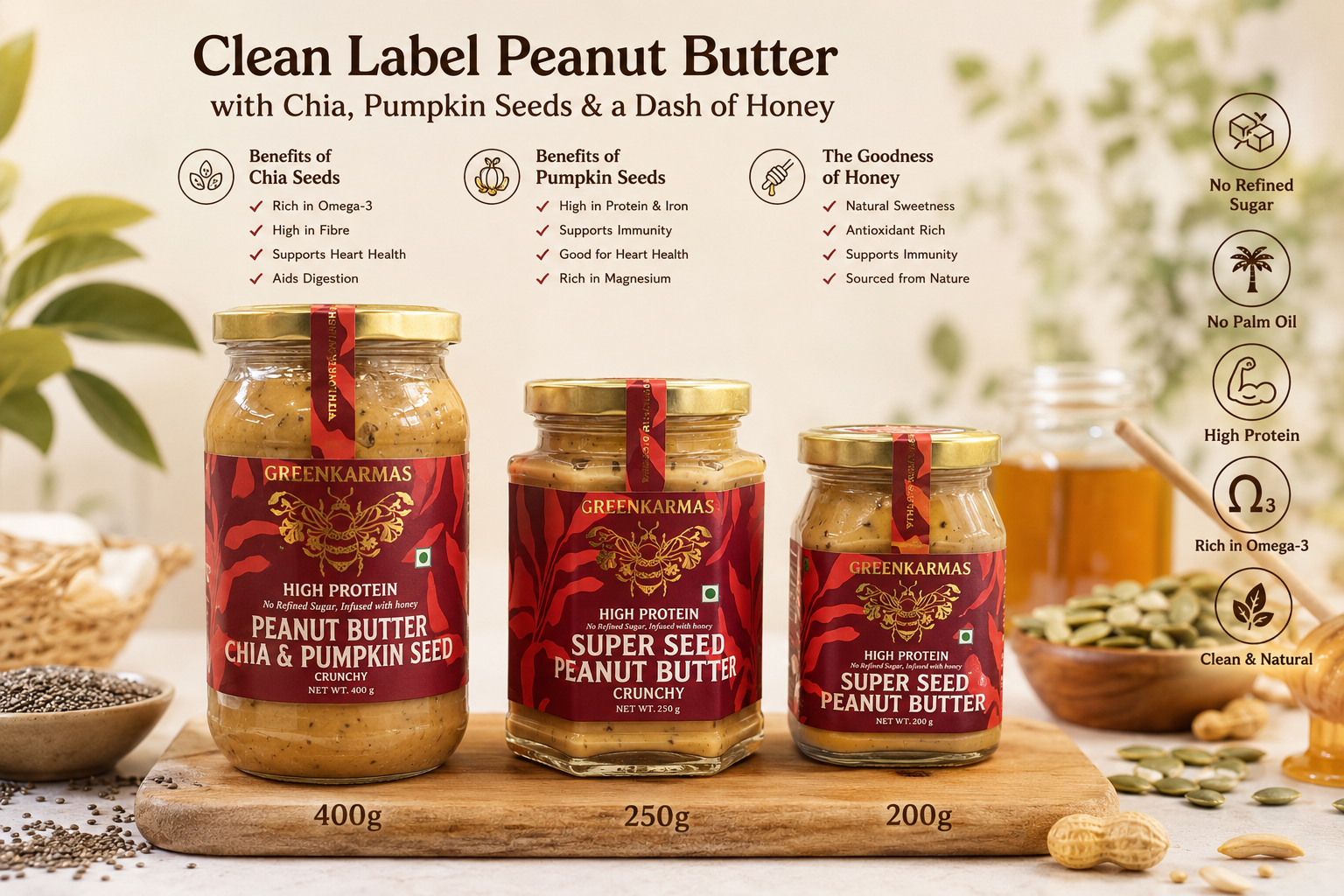 Three jars of Greenmarkas peanut butter arranged on a wooden board with ingredient props and infographic text on a warm beige background. The products shown are Peanut Butter Chia & Pumpkin Seed (400g), Peanut Butter (250g), and Super Seed Peanut Butter (200g).